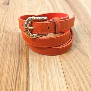 Red thin faux leather belt 2X -gold toned buckle